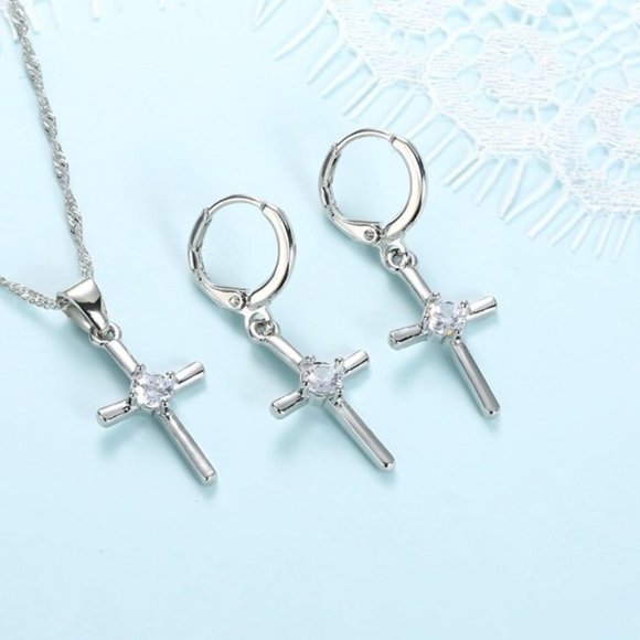 Cross Necklace Earrings 925 Sterling Silver Bundle Set - Picture 3 of 8